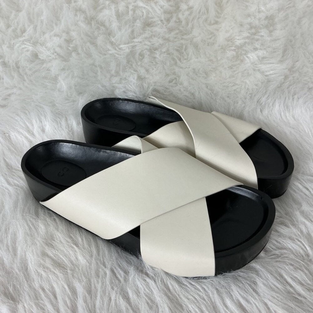 CO White and Black Crisscross Slide Sandals